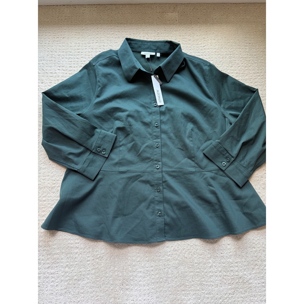 Chico's Peplum Blouse 16 Darkest Spruce No Iron Stretch Office Siren Academia